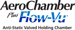 The AeroChamber logo features the brand name “AeroChamber Plus Flow-Vu” with “AeroChamber” in red, “Flow-Vu” in blue gradient letters, and smaller text below stating “Anti-Static Valved Holding Chamber” in black.