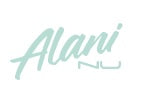 The Alani Nu logo features the word “Alani” in a soft, flowing cursive script and “NU” in a minimalist, modern uppercase font beneath it, all in a light mint green color.