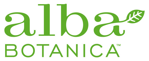 The Alba Botanica logo is green text with a leaf design in the final “a,” symbolizing the brand’s natural and botanical focus.