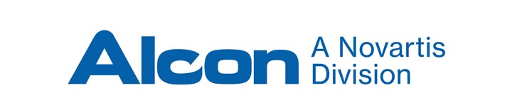 The Alcon logo features the brand name “Alcon” in bold blue letters, followed by the phrase “A Novartis Division” in smaller blue text to the right.