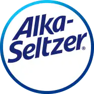 The ALKA-SELTZER logo features the brand name “Alka-Seltzer” in bold, dark blue italicized letters centered inside a white circle with a blue gradient border.