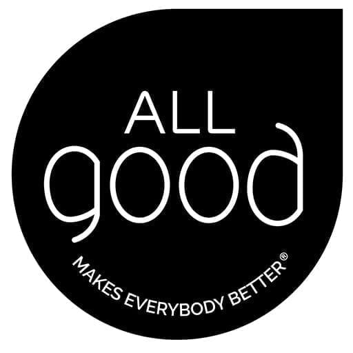 The All Good logo is a black droplet shape with “ALL good” in white text above the tagline “MAKES EVERYBODY BETTER®.”
