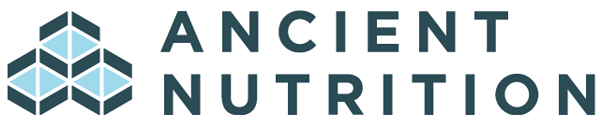 The Ancient Nutrition logo features the brand name in bold, uppercase dark teal letters next to a geometric icon made of interlocking hexagons with light blue accents.