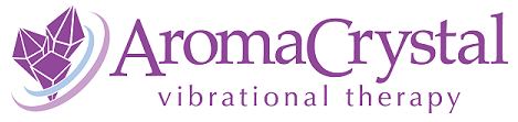 The Aroma Crystal Therapy logo features a cluster of stylized purple crystals on the left, paired with the brand name “AromaCrystal” in elegant purple lettering, with the words “vibrational therapy” in smaller text below.