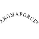 The Aromaforce logo shows the brand name in black, uppercase serif letters arranged in a gentle upward curve, giving it a classic and natural feel.
