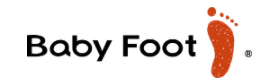 The Baby Foot logo features the brand name “Baby Foot” in bold black text next to a stylized red-orange footprint with five toes, symbolizing smooth, exfoliated feet.
