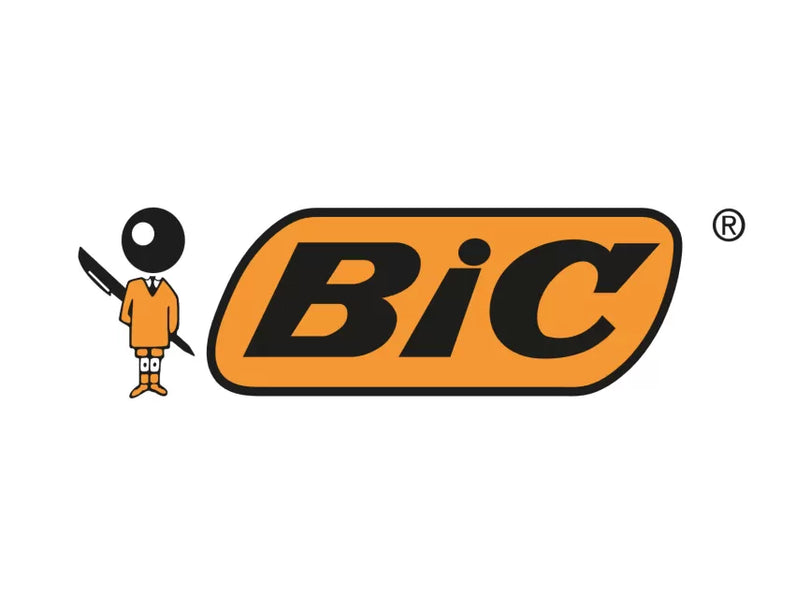 The BIC logo features bold black text on an orange oval with a small character in yellow holding a pen, symbolizing simplicity and reliability.
