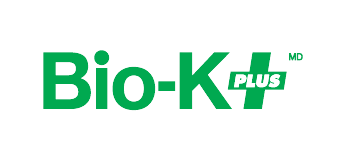 The Bio-K+ logo shows the name “Bio-K+” in bold green letters with a medical-style plus sign, symbolizing health and probiotics.