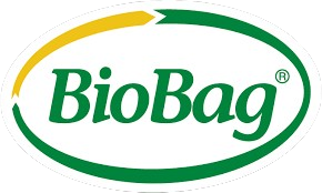 The BioBag logo features the word “BioBag” in green text inside a white oval outlined with green and yellow arrows, symbolizing composting and sustainability.