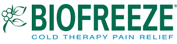 The Biofreeze logo shows “BIOFREEZE” in bold green letters with a leaf icon, and the tagline “Cold Therapy Pain Relief” in light blue below.