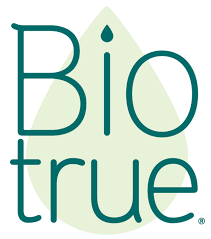 The Biotrue logo features the word “Biotrue” in lowercase green text with a water droplet shape replacing the dot above the "i," set against a soft green droplet background, symbolizing hydration and eye health.