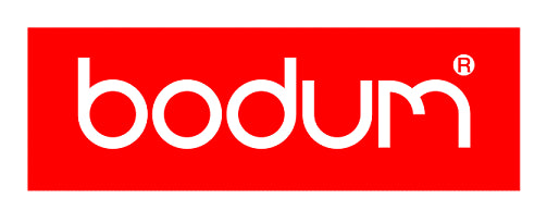 The Bodum logo features the brand name in bold, lowercase white letters with a modern, rounded font set against a bright red rectangular background.