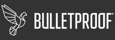 The Bulletproof logo features a stylized geometric hummingbird in flight, outlined in white, positioned to the left of the brand name "BULLETPROOF" in bold, uppercase white letters on a dark background.