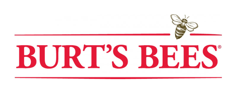 The Burt's Bees logo shows bold red text with a bee illustration in the top right, symbolizing nature and the brand’s connection to beeswax and natural care.