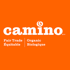 The Camino Organic logo features a bright orange square with the word “camino” in lowercase white letters, a small circular dot above the letter “i,” and the words “Fair Trade / Équitable” and “Organic / Biologique” written beneath in white.