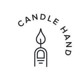 The CandleHand logo features a minimalist line icon of a candle shaped like a hand with a flame above it, with the words “CANDLE HAND” curved in clean, simple lettering around the symbol.