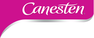 The CANESTEN logo features the brand name “Canesten” in white, italicized lettering on a bold magenta background with a silver curved underline at the bottom.