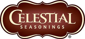 The Celestial Seasonings logo features cream-colored text on a dark red, ornate label shape with soft curves, giving it a warm, vintage, and natural feel.