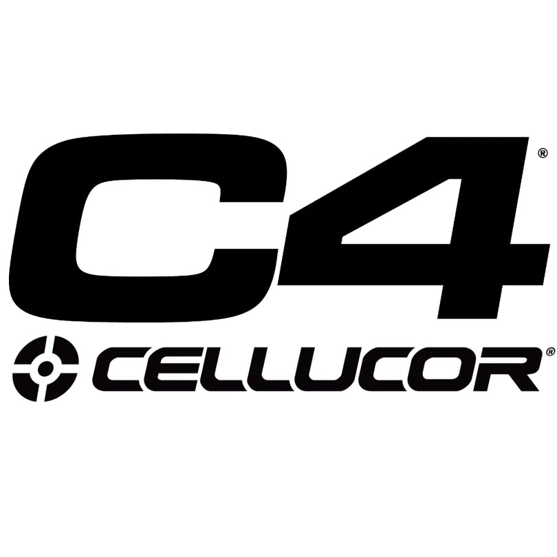 The Cellucor C4 logo features a bold black “C4” in large block lettering above the word “Cellucor” in a sleek futuristic font, with a circular target-style symbol beside the brand name, creating a strong high-performance fitness and sports energy look.