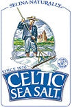 The Celtic Sea Salt logo features a salt harvester with a wooden rake in a coastal setting, with bold blue and white text reading "Celtic Sea Salt" and "Since 1976."