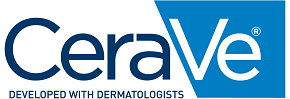The CeraVe logo shows bold blue and white text with a blue shape behind 