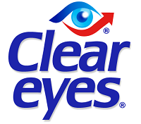 The CLEAR EYES logo features bold blue text with a stylized blue eye above it, including a red upward arrow forming the upper eyelid, symbolizing clarity and relief.