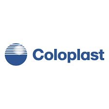 The Coloplast logo features a blue, stylized circular icon made of horizontal lines forming a gradient sphere, placed next to the brand name "Coloplast" in bold blue letters, symbolizing precision, care, and modern healthcare solutions.