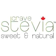 The logo features the words “crave stevia” in thin, light green lowercase letters, with a small red maple leaf above the letter “v” and below it, the phrase “sweet & natural” appears in a soft, minimalist font.