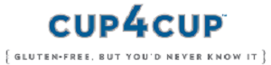 The Cup4Cup logo features the brand name “CUP4CUP” in bold blue uppercase letters, with the tagline “Gluten-Free, But You’d Never Know It” written below in smaller grey text.