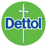 The Dettol logo shows a white sword over a green circle with the word “Dettol” in bold blue letters, symbolizing protection and cleanliness.