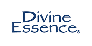 The Divine Essence logo displays the brand name in an elegant blue serif font with a registered trademark symbol, reflecting purity and natural wellness.