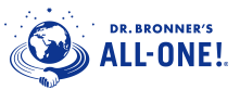 The Dr. Bronner's logo shows a globe with stars and a handshake, alongside the words “ALL-ONE!”, symbolizing unity, peace, and global togetherness.