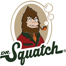 The Dr. Squatch logo depicts a bearded Sasquatch with a pipe, surrounded by soap bubbles, with the brand name in bold, green script.