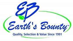 The Earth’s Bounty logo shows the initials “EB” in blue script above the brand name “Earth’s Bounty,” with a small green leaf and a curved green oval surrounding the text.