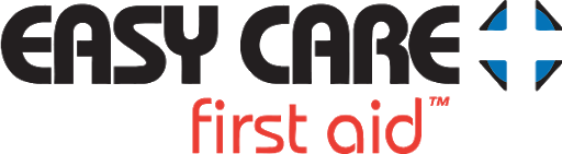 The Easy Care First Aid logo shows the words “EASY CARE” in bold black lettering with a blue cross symbol, and the words “first aid” below in smaller red text.