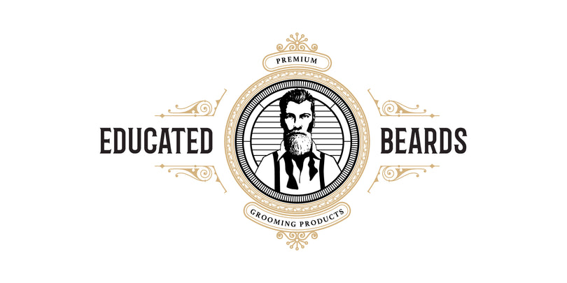 The Educated Beards logo features a vintage-style illustration of a bearded man in a suit framed by an ornate gold circular border, with the words "Educated Beards" on either side and "Premium Grooming Products" above and below.