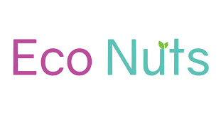 The Eco Nuts logo displays the words “Eco Nuts” in purple and teal text, with two small green leaves above the letter “u” to suggest nature and sustainability.