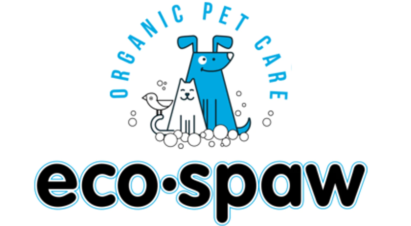 The EcoSpaw logo features a playful blue dog, a white cat, and a small bird sitting together in soap bubbles, with the words “ORGANIC PET CARE” above them and “eco·spaw” in bold black-and-blue text below.