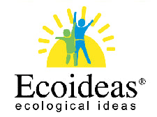 The Ecoideas logo shows a yellow sun with rays, two green and blue figures raising their arms, and the text “Ecoideas ecological ideas” below.