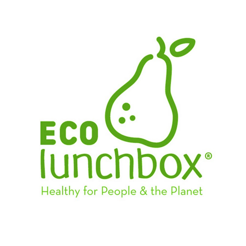 The ECOlunchbox logo shows a simple green outline of a pear with small dots inside, paired with the brand name in rounded green text beneath it.