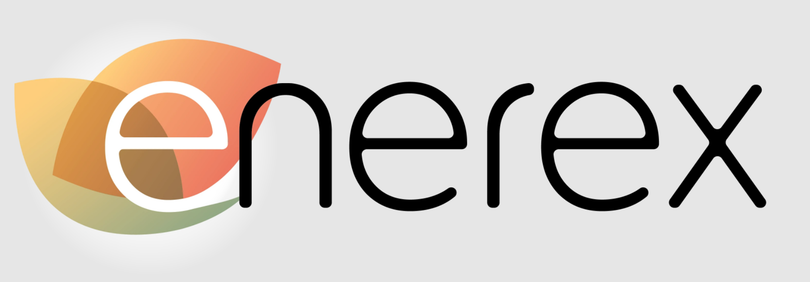 The Enerex logo shows the word “enerex” in a sleek black font with layered green, orange, and gold leaf shapes behind the letter “e.”