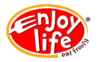The Enjoy Life logo shows “enjoy life” in white on a red oval with a yellow outline, with the “E” shaped like a fork and the tagline “eat freely.”