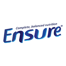 The Ensure logo shows the brand name in bold, italicized blue letters with a gradient effect and the tagline "Complete, balanced nutrition" above it.