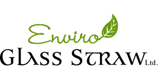 The Enviro Glass Straw logo features the word “Enviro” in green script with a leaf forming part of the final letter, placed above the words “GLASS STRAW Ltd.” in bold black serif lettering.