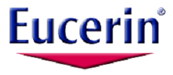 Eucerin logo, a well-known skincare brand. The logo displays the word "Eucerin" in bold, blue serif font, accompanied by a red, triangular underline that slopes downward