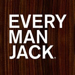 The Every Man Jack logo features bold white uppercase text stacked vertically on a dark wood-grain background, reflecting a clean, natural, and masculine brand identity.