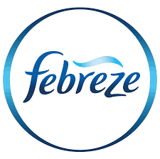The Febreze logo features a blue lowercase font with a wave accent over the “r,” enclosed in a circular blue gradient, symbolizing freshness and cleanliness.