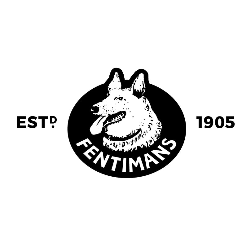 The Fentimans logo shows a German Shepherd’s head inside a black oval with “FENTIMANS” below and “ESTD 1905” on either side.