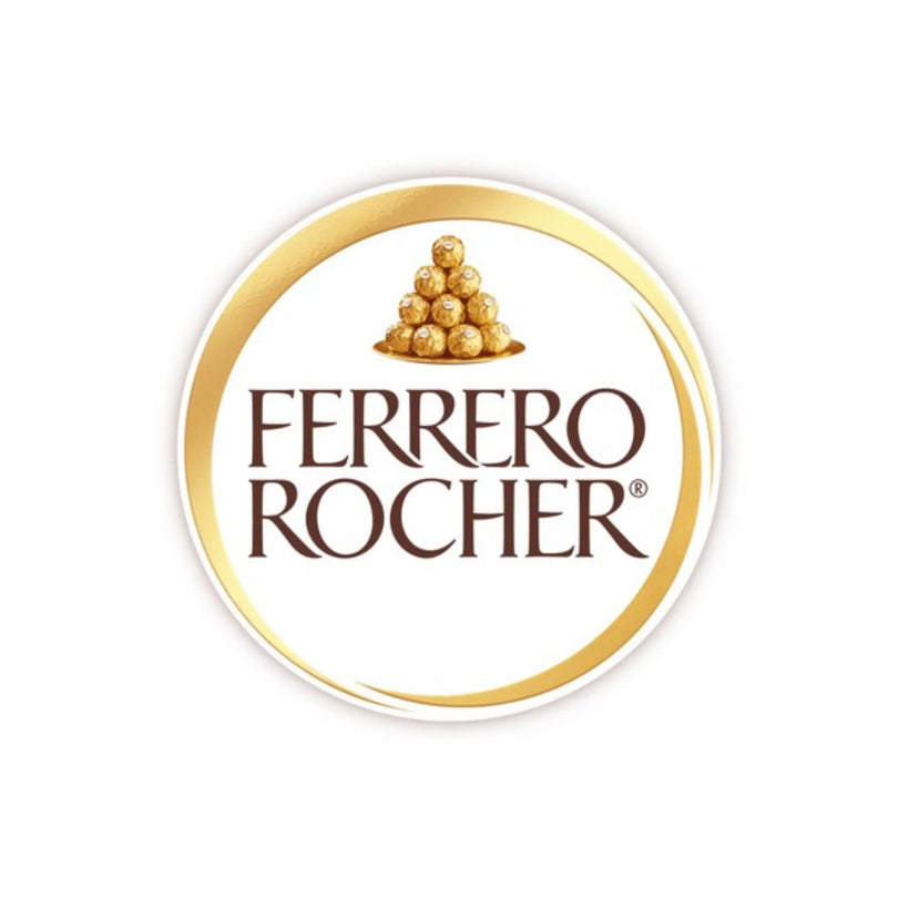 The Ferrero Rocher logo features a gold-rimmed circle with a pyramid of gold-wrapped chocolates above the brand name in an elegant brown serif font on a white background.