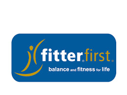 The FitterFirst logo shows a gold figure in motion beside the text “fitterfirst” in white and gold, with the tagline “balance and fitness for life” on a blue background.